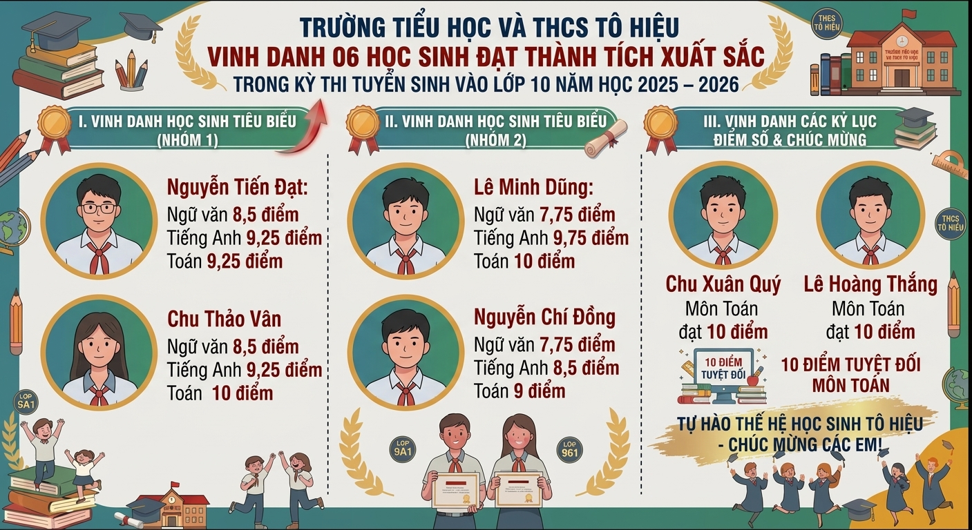 Trường tiểu học và THCS  Tô Hiệu vinh danh 06 học sinh đạt thành tích xuất sắc trong kỳ thi tuyển sinh vào lớp 10 năm họcc 2025 – 2026