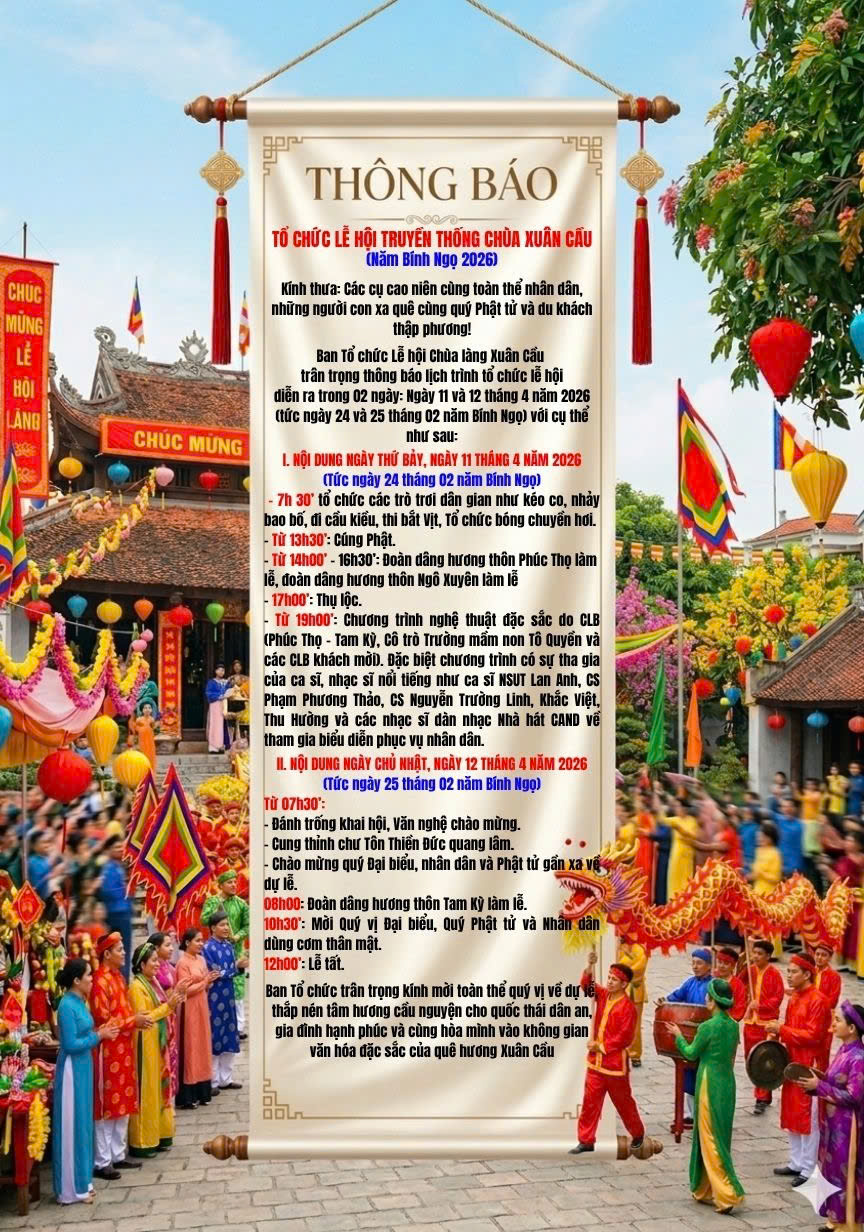 Thông báo tổ chức Lễ hội chùa làng Xuân Cầu, Xã Nghĩa Trụ