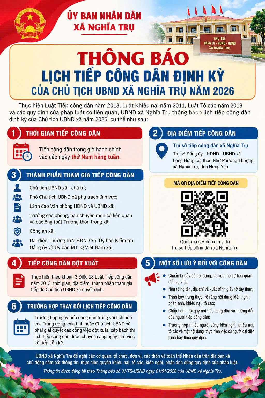Thông báo lịch tiếp công dân định kỳ của Chủ tịch UBND xã Nghĩa Trụ năm 2026